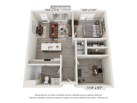 Floor plan for 1 bed, 1 bath, 743 sqft